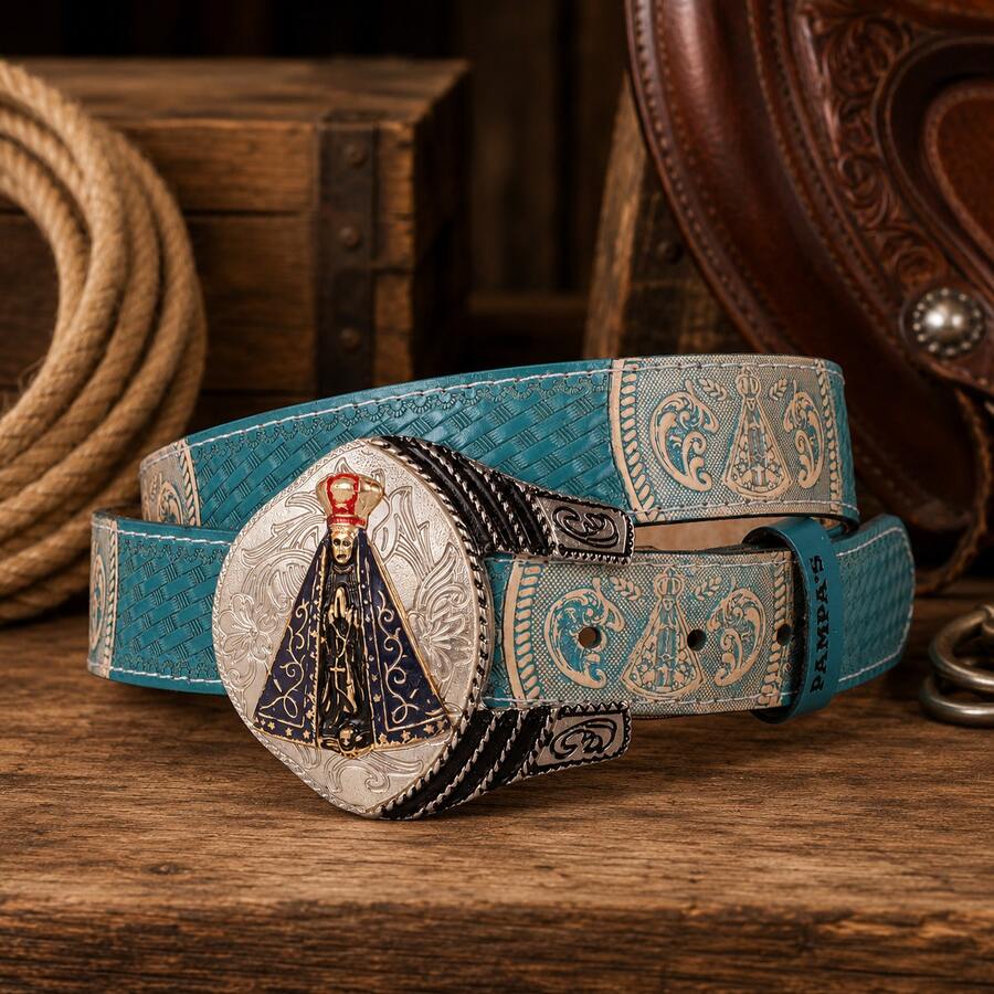 Premium Leather Country Belt Our Lady Of Aparecida With Impactful Buckle - Blue - View 1