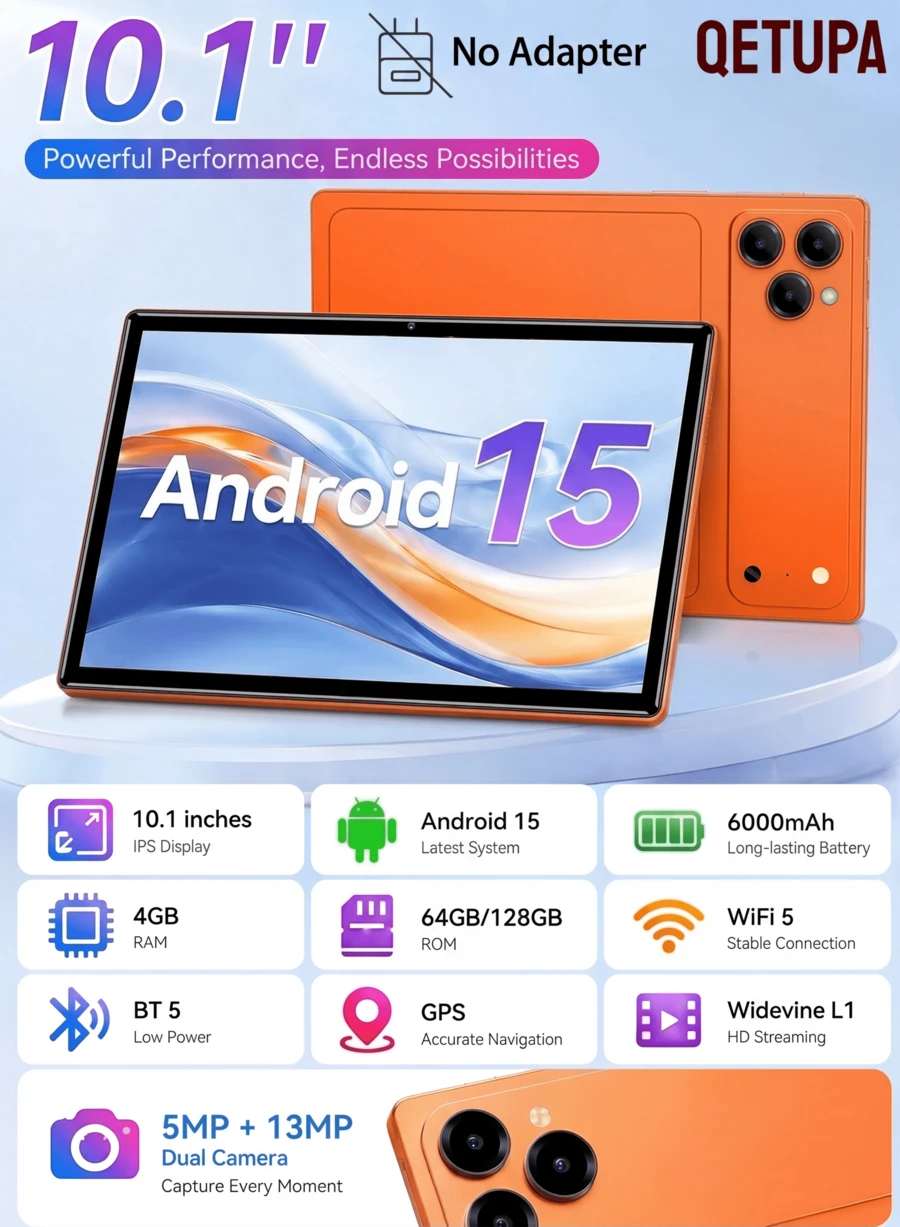 Qetupa Tablet Android Z17 15 inci, layar 10,1 inci, RAM 4GB + ROM 64GB/128GB, ditenagai oleh prosesor MTK 8788 Octa-Core, kamera ganda 5MP+13MP, layar sentuh IPS HD 1280x800, GPS, baterai 6000mAh, tampilan multi-jendela, ringan dan tahan lama. - Jeruk - View 1