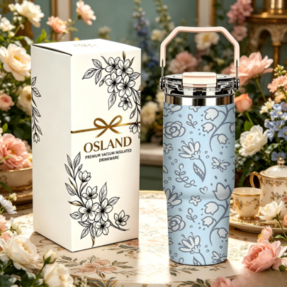 1/5pcs 30oz Portable Insulated Water Bottle With Gift Box, Light Blue Lily Of The Valley & Rose Print, Foldable Portable Handle, Multi-Layer Leak-Proof Flip Lid, Double-Wall Vacuum Insulated Tumbler, Suitable For Outdoor Fitness Camping, Teenager Birthday Gift