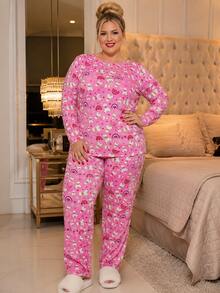Pijama De Inverno Feminino Suede Manga Longa Calça Longa Gola Redonda Confortável Leve Toque Macio - ROSA - Visão 3