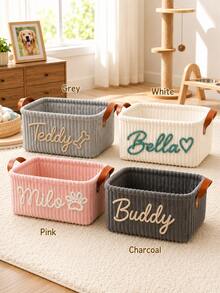 Customizable Storage Basket Personalized Dog Toy Bin Corduroy Pet Storage Basket With Name Customization Portable Handle Desktop Organizer Clothing Storage Home Decor Perfect Gift Laundry Basket - Multicolor - View 3