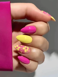 24pcs Almond Shape Shiny Pink Solid Color Press-On Nails, Long Yellow Floral Outline Pattern, Nude Transparent Acrylic Fake Nails Set, Includes 1pc Jelly Glue And 1pc Nail File, Summer Bright Floral Manicure, Suitable For Women And Girls, Daily Vacation Beach - Multicolor - View 1