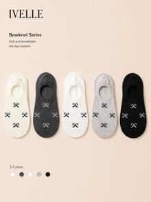 5 Pairs 5 Colors Random Women's Invisible Socks, Bowknot, Sports, Campus, Home, Fitness, Fashion , Soft Skin-Friendly, Comfortable, Breathable, College Style, Daily Versatile, Suitable For Daily Minimalist Commute Wear, Soft Skin-Friendly, Comfortable, Breathable, All-Day Comfort Women's Invisible Socks - Multicolor - View 3