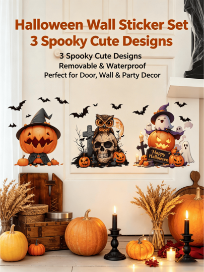 3 Styles Halloween Wall Stickers Cartoon Pumpkin Witch / Vintage Skeleton Owl / Cute Ghost Witch Combination Self-Adhesive Removable No Residue Waterproof PVC Bedroom Kitchen Entrance Door Window Ghost House Party Atmosphere Decoration