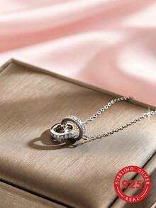 1pc S925 Sterling Silver Geometric Hollow Circle Necklace, Fashionable Light Luxury Personalized Exquisite Korean Minimalist Ins Cold Style Interlocking Design Niche Clavicle Chain, Suitable For Daily Casual Wear, Versatile Elegant Neck Accessory Gift - Ring - View 1