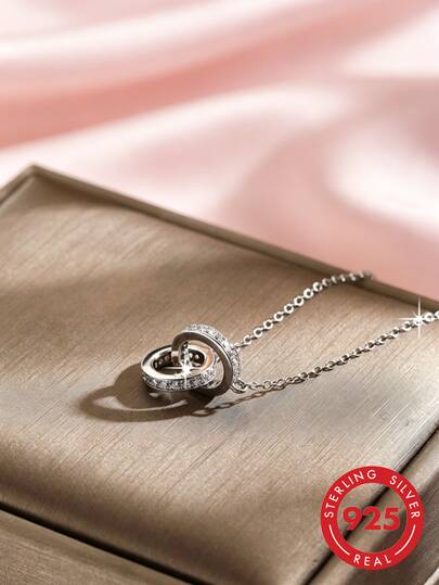 1pc S925 Sterling Silver Geometric Hollow Circle Necklace, Fashionable Light Luxury Personalized Exquisite Korean Minimalist Ins Cold Style Interlocking Design Niche Clavicle Chain, Suitable For Daily Casual Wear, Versatile Elegant Neck Accessory Gift