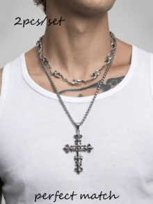 2pcs Cross Asymmetrical Wave Hip-Hop Style Stainless Steel Multi-Color Men's Necklace Set, Suitable For Parties, Gifts And Vacations - Multicolor - View 1