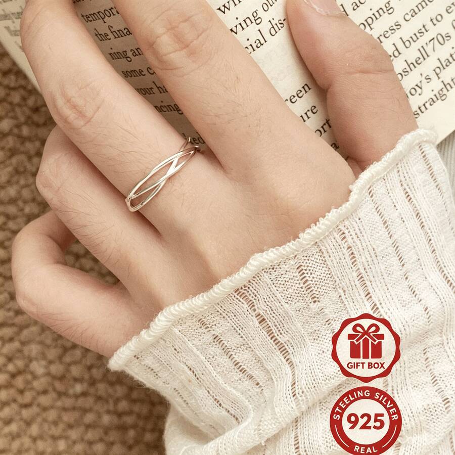 Anillo abierto de plata de ley S925 con textura irregular YWB-B285 - Plateado - Ver 1