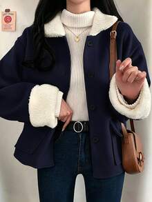 女款秋冬羊毛混紡短外套，長袖拼接人造毛領夾克，前開扣口袋設計，休閒百搭外套 - 藏蓝色 - 查看 2
