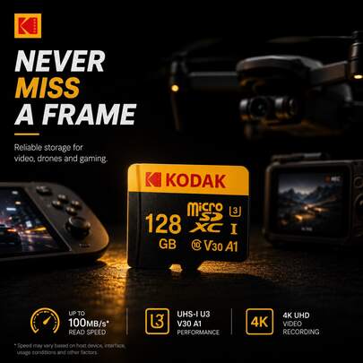 Kodak 柯达 U3 V30 Class10 高速存储卡，容量可选 16GB/32GB/64GB/128GB/256GB/512GB，带适配器，适用于相机、单反相机、监控车、手机等设备。