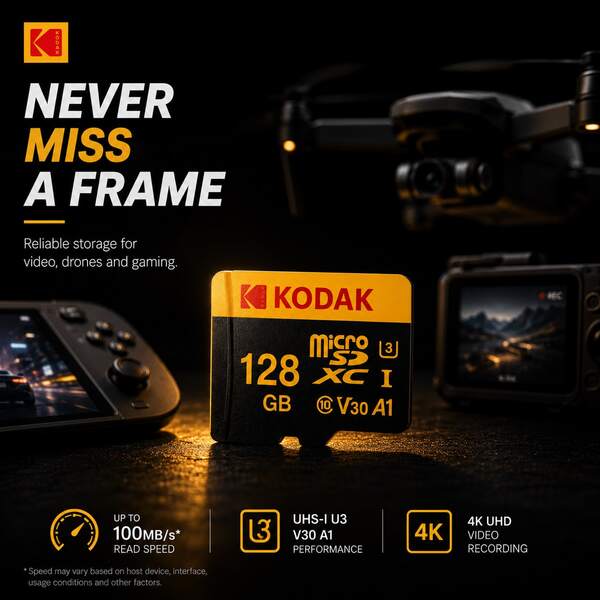 Kodak 柯达 U3 V30 Class10 高速存储卡，容量可选 16GB/32GB/64GB/128GB/256GB/512GB，带适配器，适用于相机、单反相机、监控车、手机等设备。