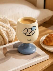 1pc Cute Cat & Dog Print Ceramic Goblet, Kawaii Aesthetic Pedestal Coffee Cup, Color Block Cute Mug For Latte, Milk, Matcha, Cappuccino & Tea, Room Decor, Desk Decor, Birthday Gift For Women, Cat Dog Lovers, Teen Girls, Home Kitchen Decor, Home Drink - Cartoon Goblet - View 4