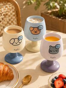 1pc Cute Cat & Dog Print Ceramic Goblet, Kawaii Aesthetic Pedestal Coffee Cup, Color Block Cute Mug For Latte, Milk, Matcha, Cappuccino & Tea, Room Decor, Desk Decor, Birthday Gift For Women, Cat Dog Lovers, Teen Girls, Home Kitchen Decor, Home Drink - Cartoon Goblet - View 3