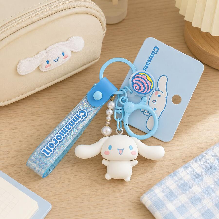 MINISO Sanrio Cinnamoroll 藍色亮片掛繩鑰匙圈,可愛角色迷你公仔包飾吊飾,附 Cinnamoroll 吊牌與藍色夾扣鉤,後背包錢包配件,返校禮物 - 樣式 1 - 查看 1