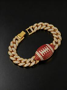 Men's Full Rhinestone Football Cuban Bracelet, Hip-Hop Colorful Rhinestone Thick Chain Bracelet, Sports Fan Party Accessory Gift, Gold And Silver Dual Color Options - Football Bracelet - View 11