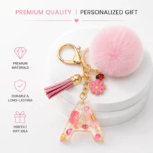 1pc Pink Glitter Letter Keychain (A-Z) - Dried Flower Shell Resin Letter Charm With Pop Pom Pom, Leather Tassel And Oil-Drip Daisy Beetle Accessory, Fashion Key Ring, Suitable For Bags/Cars, Cute Gift For Women And Mothers - Multicolor - View 2