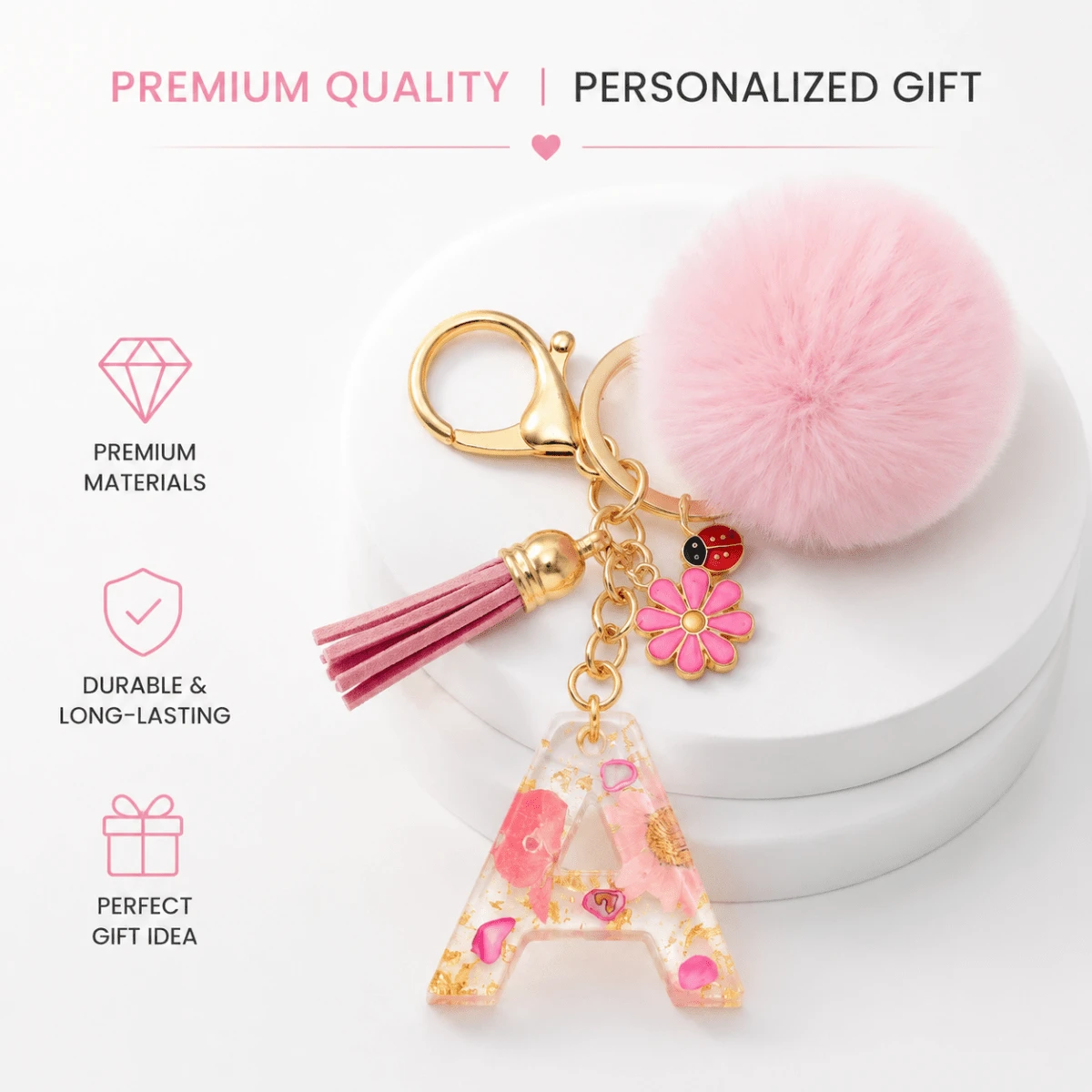 1pc Pink Glitter Letter Keychain (A-Z) - Dried Flower Shell Resin Letter Charm With Pop Pom Pom, Leather Tassel And Oil-Drip Daisy Beetle Accessory, Fashion Key Ring, Suitable For Bags/Cars, Cute Gift For Women And Mothers