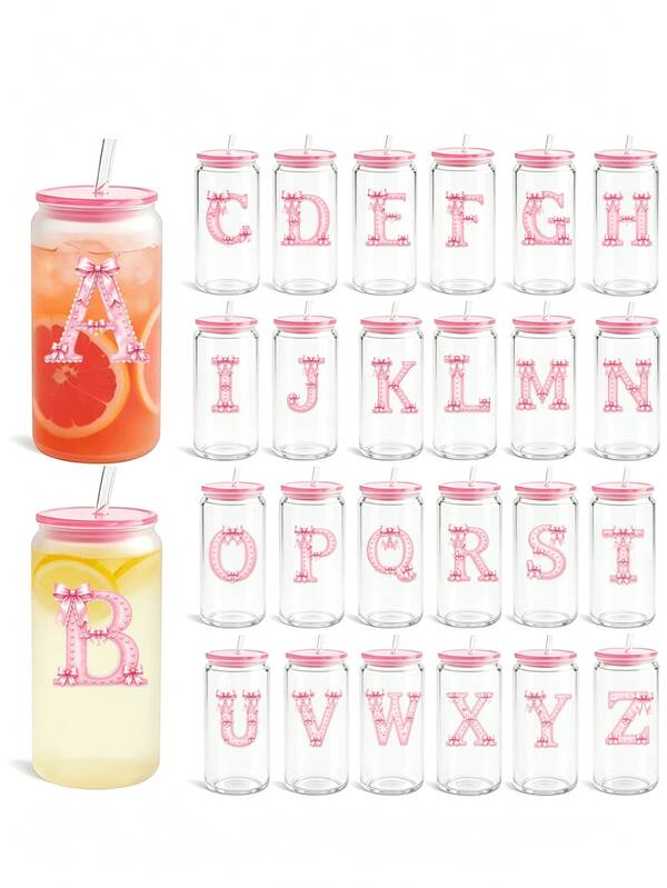 Pink Bow & Letter Theme Transparent Straw Cup / 16oz Leak-Proof Portable Water Cup / Iced Coffee To-Go Cup / With Lid & Straw / Printed "Can" Shaped Body / Suitable For Women, Fitness, Camping & Birthday Parties / Cute Bow & Ribbon Design / Ideal Gift For Valentine's Day, Mother's Day & Wedding Favors -- Lightweight Plastic Drinking Cup, Combining Fun Aesthetics & Practicality, Essential For Fitness Enthusiasts / Perfect Gift For Family, Friends & Besties