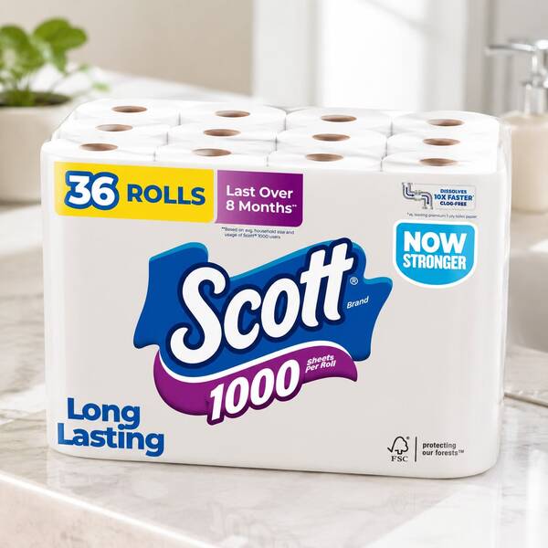 Scott 36 Rolls&4 RollsDisposable Toilet Tissue Paper, 1000 Sheets Per Roll Fast Dissolve Septic Friendly Bathroom Tissue, Long Lasting Strong Soft Household Toilet Paper For Bathroom Daily Use