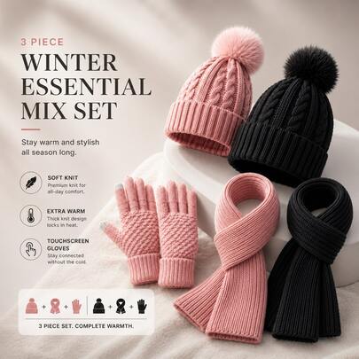 Gorro de punto de invierno, bufanda & guantes táctiles 3 piezas, accesorios unisex cálidos, negro o rosa, excelente regalo navideño para colección de uso diario al aire libre