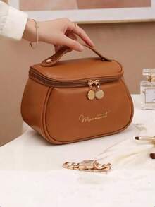 1pc Holiday Travel Makeup Bag - PU Leather Makeup Bag - Multi-Functional Storage Bag - Large Capacity Cosmetic Storage Bag - Waterproof Bathroom Makeup Bag - Toiletry Bag - Portable Handbag - Bathroom Storage - Bedroom Storage - Travel Essentials - Brown - View 7