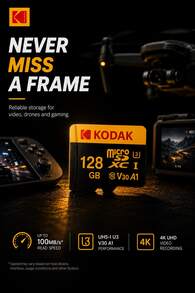 Kodak Micro SD 卡 U3 V30 Class10 16GB/32GB/64GB/128GB 高速記憶卡，附卡夾適配器，適用相機、單反相機、監控設備、車載設備、智慧型手機 - 黑色 - 查看 3