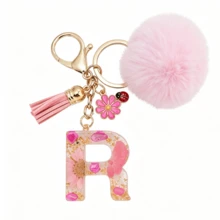 1pc Pink Glitter Letter Keychain (A-Z) - Dried Flower Shell Resin Letter Charm With Pop Pom Pom, Leather Tassel And Oil-Drip Daisy Beetle Accessory, Fashion Key Ring, Suitable For Bags/Cars, Cute Gift For Women And Mothers - Multicolor - View 19