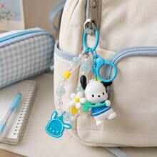 MINISO Sanrio Pochacco 藍色花朵串珠腕帶鑰匙圈，可愛角色迷你公仔包飾吊飾，附亮片珠飾手鍊、藍色夾扣鉤與角色吊牌，背包手提包配件，開學季禮物 - 樣式 2 - 查看 3