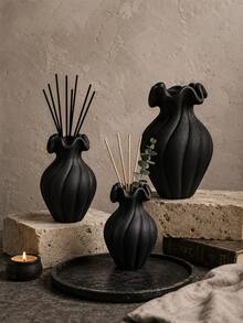 1pc Wabi Sabi Matte Black Ribbed Reed Diffuser Bottle, Ruffled Wave Rim Design, Minimalist Dried Flower Aroma Vessel, Living Room Table Neutral Home Decor Gift - Wabi-sabi Spiral Vase - View 1