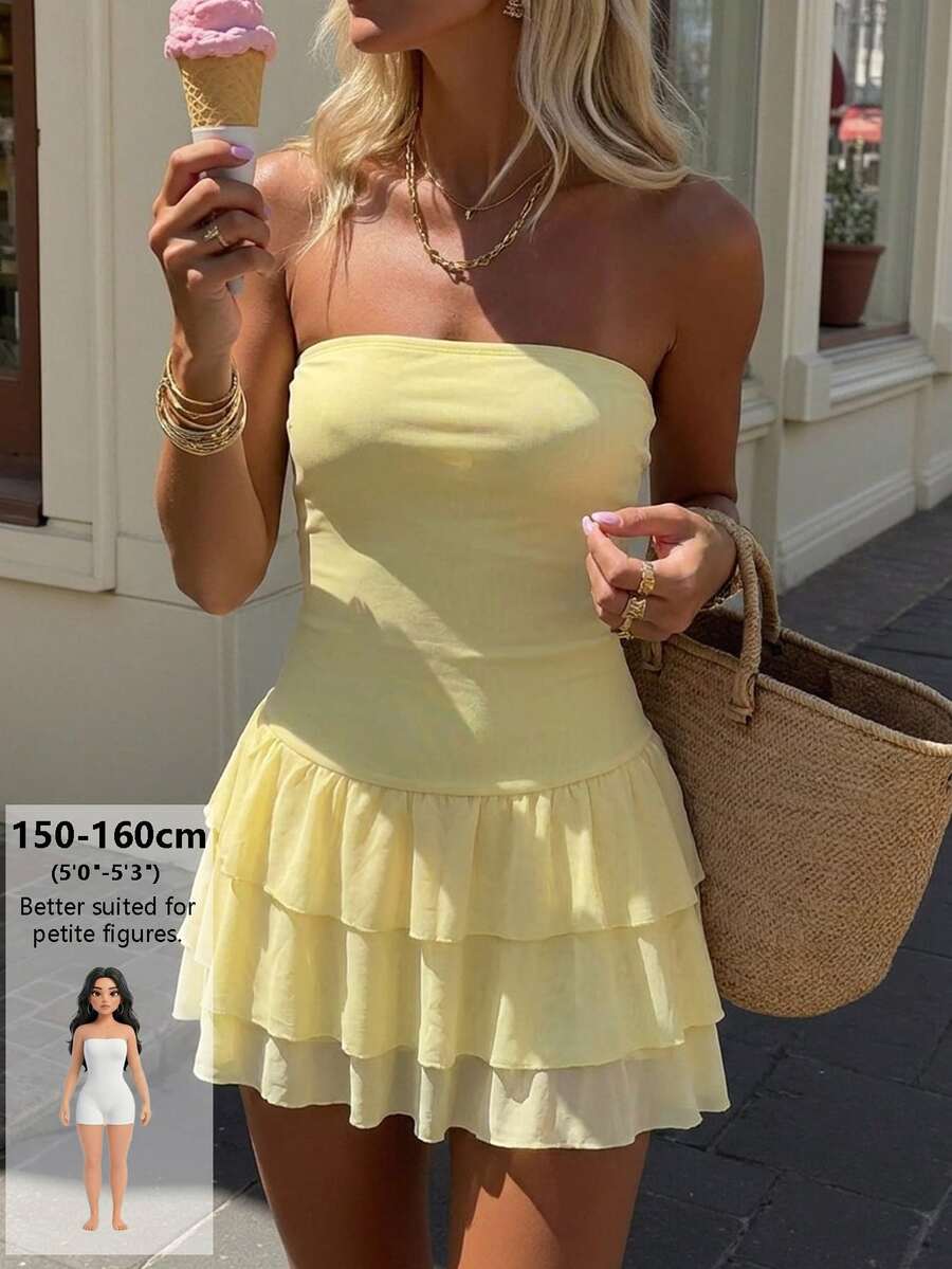 Dila Polly 女款夏季休閒純色網紗抹胸荷葉邊下擺迷你洋裝,可愛優雅黃色網紗多層下擺抹胸迷你洋裝,適合約會、朋友聚會、週末出遊、海邊度假等場合,女款夏季穿搭,秋季/四季皆宜 - 黃色 - 查看 1