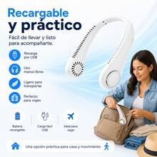 Ventilador manos libres colgante para el cuello, batería de larga duración recargable por USB, diseño compacto portátil disponible en azul, blanco y rosa, accesorio indispensable en verano para gym, hogar, escuela y salidas al exterior - Blanco - Ver 8