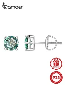 1pair Minimalist 925 Sterling Silver Stud Earrings 1CT Round Green Moissanite Four Prong Screw Back Earrings For Women Daily Stackable Jewelry Gift - Silver - View 13
