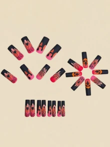 24pcs Halloween Nail Stickers, Black Gradient Powder Pumpkin & Spider Design, Y2K Style Square Fake Nails, Manicure Supplies - Hot Pink - View 4