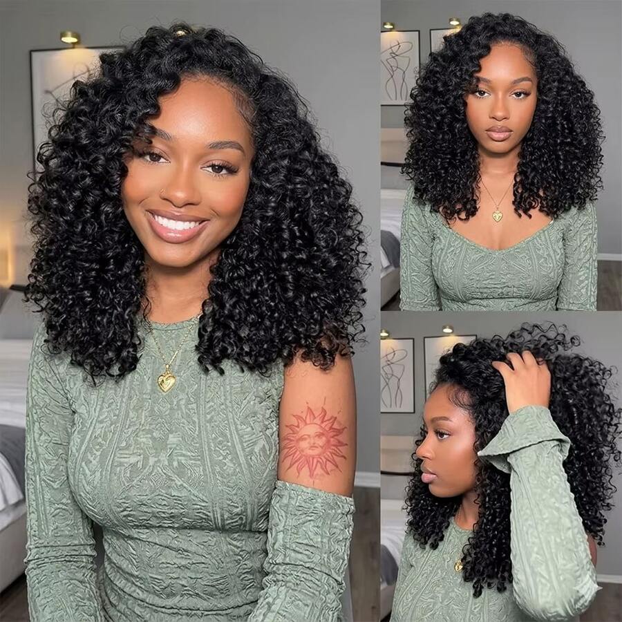 Kinky Curly Half Wigs Human Hair 200Density Glueless Wear And Go 3 In 1 Drawstring Seamless Flip Over Curly Half Human Hair Wigs