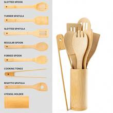 8 piezas/1 pieza Juego de utensilios de cocina de bambú con cubo de almacenamiento para cubiertos y pinzas para alimentos - Albaricoque - Ver 12