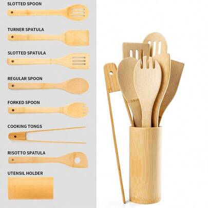Set Peralatan Masak Bambu 8pcs/1pc dengan Ember Penyimpanan Peralatan Makan dan Penjepit Makanan