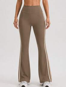 Never me Women's Wide Elastic Waist Tummy Control Design Fitted Flare Yoga Leggings With Contrast Color Side Straps For Daily Wear - Brown - View 6