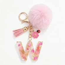 1pc Pink Glitter Letter Keychain (A-Z) - Dried Flower Shell Resin Letter Charm With Pop Pom Pom, Leather Tassel And Oil-Drip Daisy Beetle Accessory, Fashion Key Ring, Suitable For Bags/Cars, Cute Gift For Women And Mothers - Multicolor - View 25