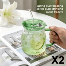 Taza de vidrio curativo de primavera, taza con pajita, taza de gran capacidad con escala, frasco Mason, taza de barriga grande para uso doméstico con tapa, taza para beber - Multicolor - Ver 12