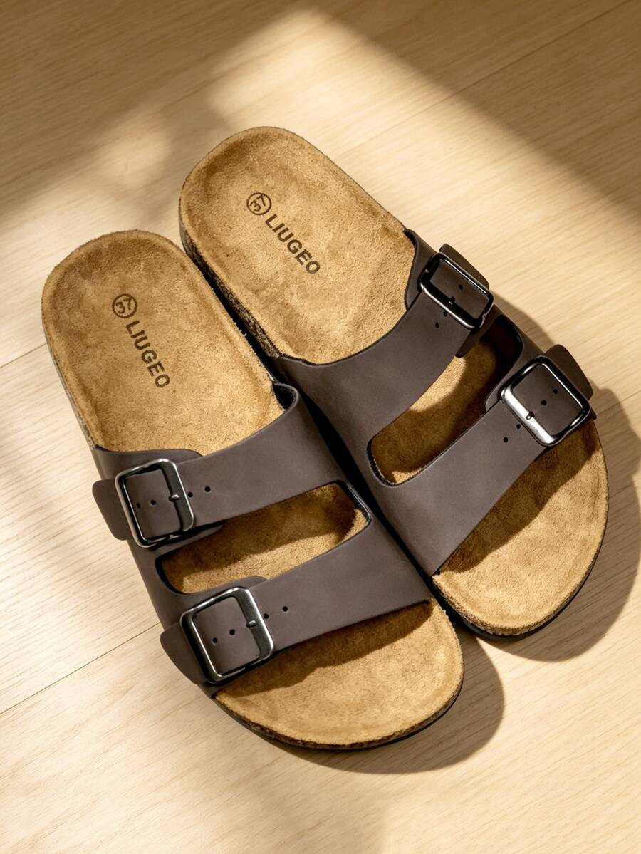 Men's Casual Home Slippers Sandals, Versatile Flat Shoes With Adjustable Buckle