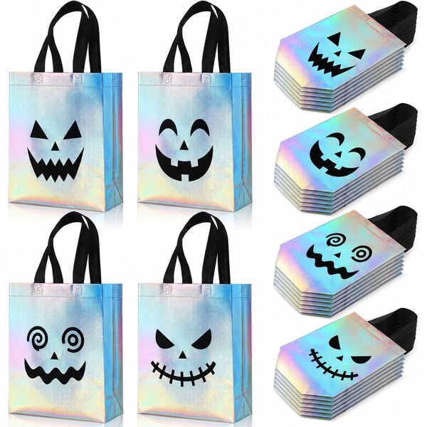 24pcs Rainbow Halloween Trick Or Treat Bags, Pumpkin Candy Gift Bags, Reusable For Halloween/Day Of The Dead Party Supplies, Favors, Size 8''x4''x10''