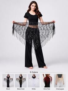 1pc Women's Sequin Fringe Hip Scarf, Sheer Mesh Tie Waist Cover-Up Skirt For Dance, Party, Festival & Outfit Layering - Multicolor - View 6