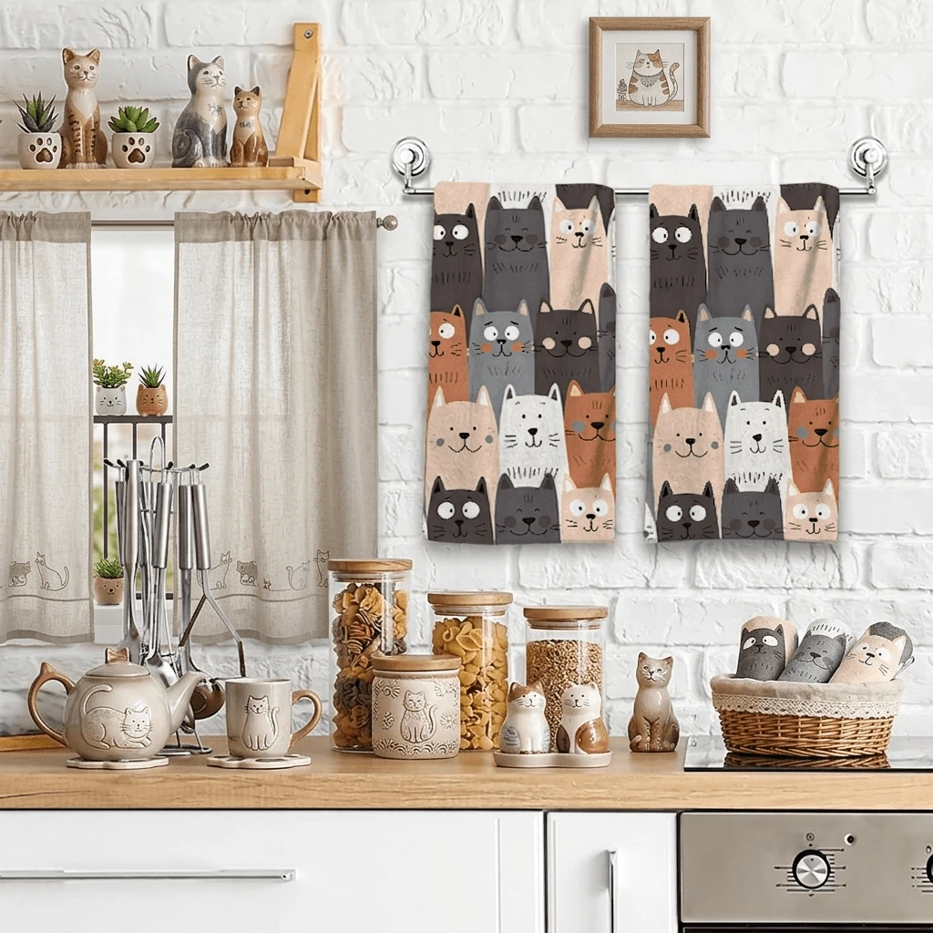 2/4/48pcs Cartoon Multi-Cat Stacked Pattern Printed Kitchen Towels - Super Soft, Highly Absorbent Polyester Dish And Hand Towels, Perfect For Holiday Decor, Kitchen Decor, Party Decor.