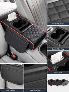 Car Armrest Cushion With Cup Holder Tissue Box & Side Storage Pocket, 4 In 1 Center Console Cover Organizer, Memory Foam PU Leather Quilted Armrest Box Pad, Heightening Arm Rest Pillow, Universal Fit Car Interior Accessories For SUV Truck Sedan - A - View 10