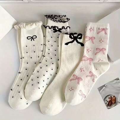 5雙白色鏤空網格中筒襪，荷葉邊波浪袖口蝴蝶結波點星星提花襪，甜美女孩風休閒日常百搭女款襪子（均碼 EU 35–43）