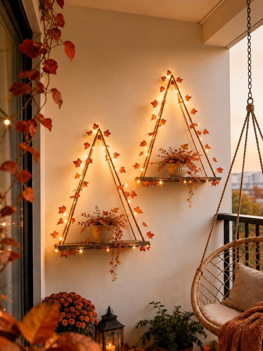 1pc Autumn Triangle Wall Hanging Shelf With Maple Leaf Fairy String Lights, Bohemian Harvest Wall Display Rack, Farmhouse Seasonal Wall Decor, Balcony Thanksgiving Halloween Floating Storage Shelf, Indoor Rustic Geometric Decorative Shelf