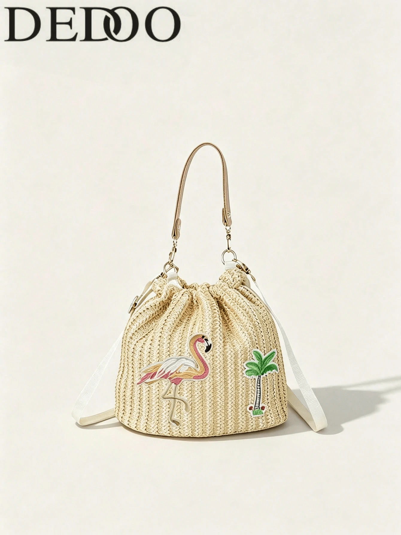 Dedoo 女款水桶斜挎包，火烈鳥與棕櫚樹刺繡草編抽繩手提包，雙肩帶波希米亞風沙灘包，適合夏季度假女性
