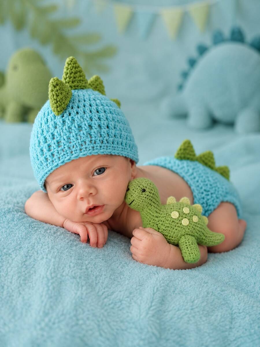 Newborn Photography Costume Props, Dinosaur 2-Piece Set Including Hat And Diaper Cover, Knitted Baby Clothes, Studio And Home Photo Props Accessories, Party Gift - Multicolor - View 1