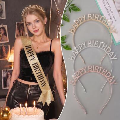 1 pieza Banda de Feliz Cumpleaños con Brillo Dorado & Diadema de Strass, Accesorios de Reina de Cumpleaños para Mujeres, Adecuado para Fiestas de 18 21 30 40 50 Años