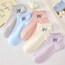 5 Pasang Kaos Kaki Pendek Wanita Warna Macaron Polos Bergaris, Bordir Pita Kecil, Manset Berkerut, Kaos Kaki Pendek Lembut, Manis, Kasual, Serbaguna untuk Sehari-hari (Satu Ukuran EU 35–43) - MultiWarna - View 5